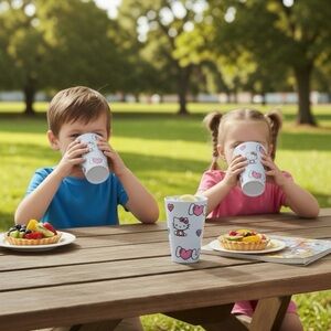 Hello Kitty Themed ceramic/plastic tumblers, set of 3 w/1 add’l bathroom cup NWT